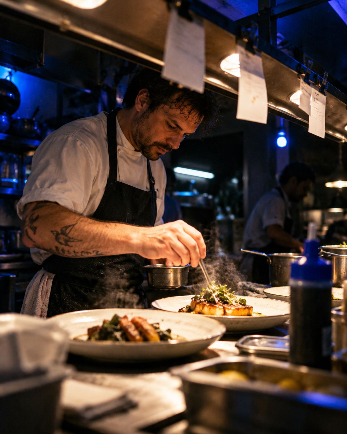 a chef plating a dish at the pass, steam rising, order tickets hanging overhead